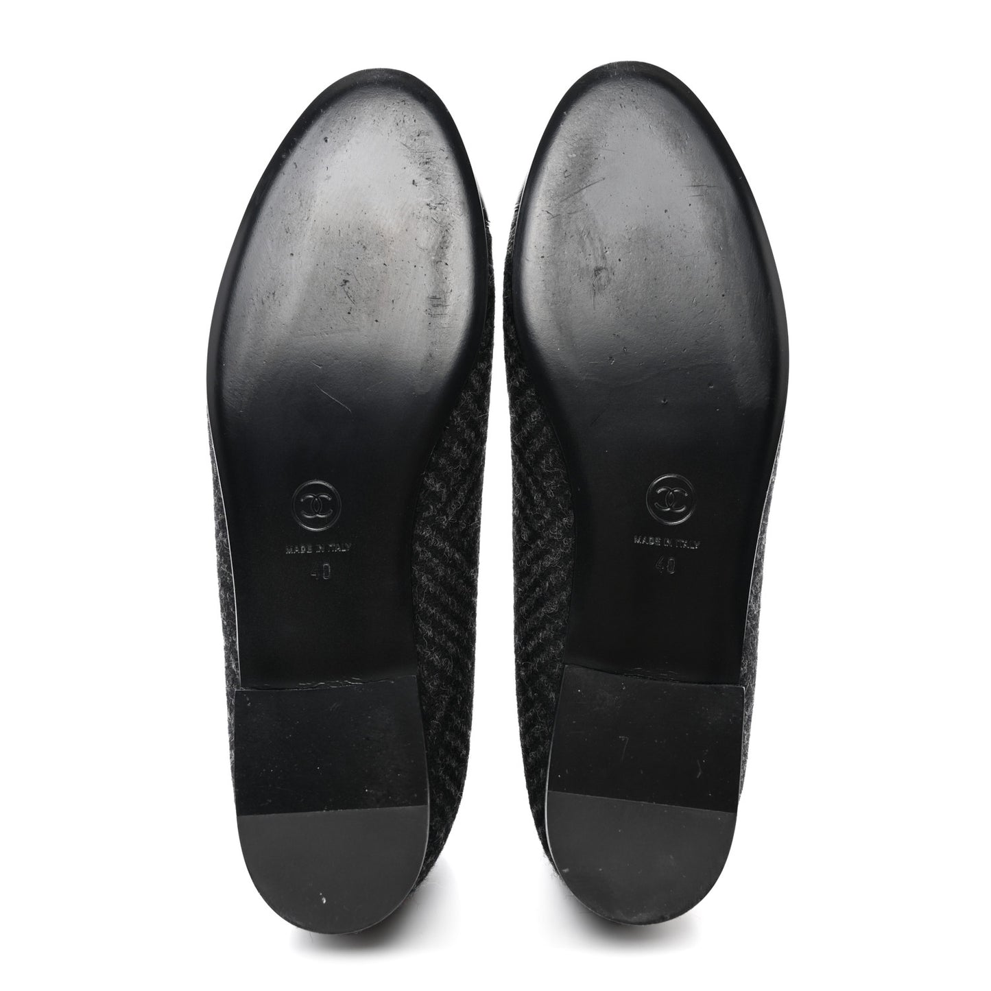 Wool Tweed Lambskin Cap Toe Ballerina Flats 40 Black Grey