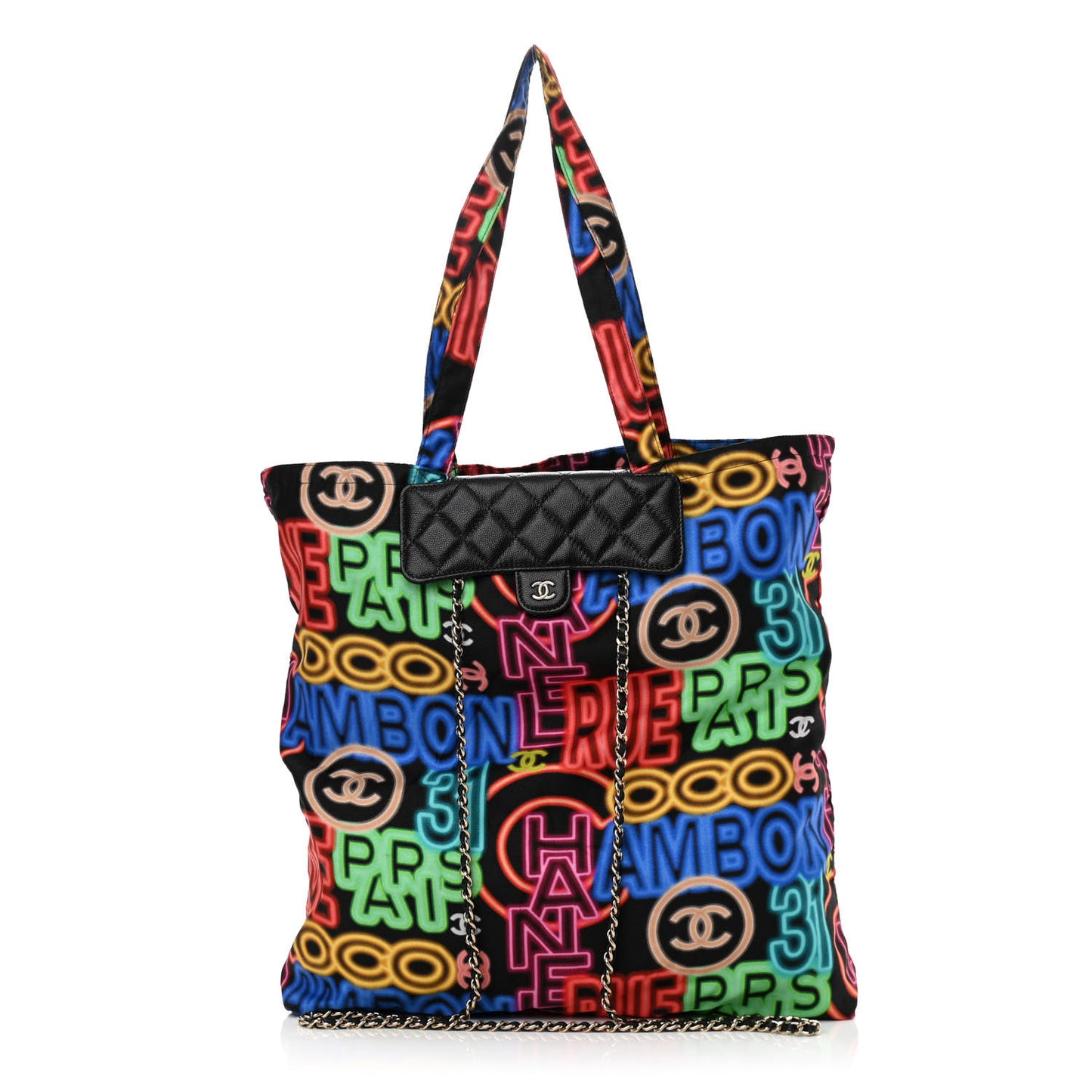 Caviar Fabric Graffiti Foldable Tote Bag With Chain Black Multicolor