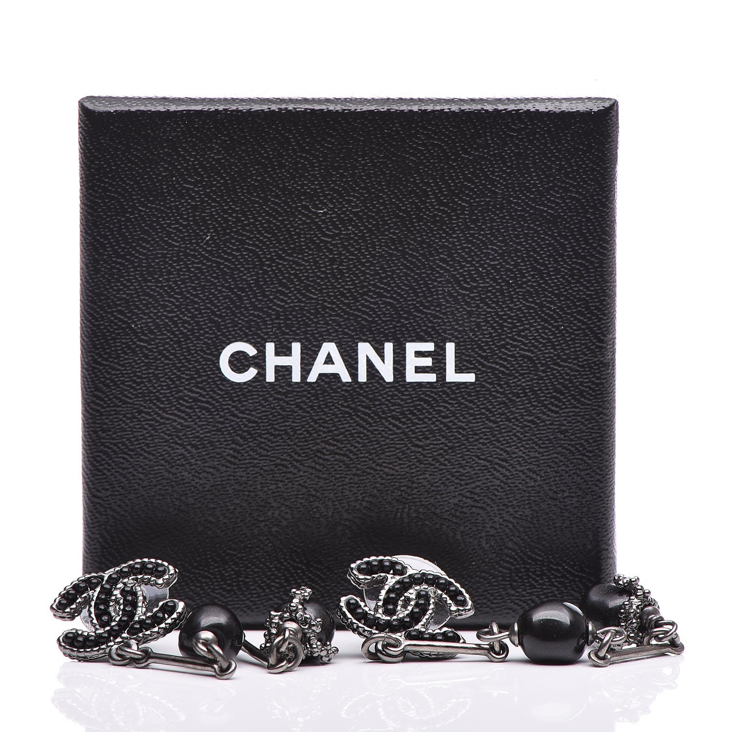 Chanel Pearl Beaded CC Long Drop Earrings Silver 5 of 5