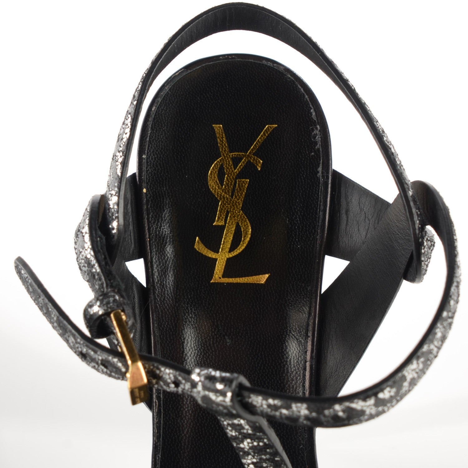 Saint Laurent Metallic Calfskin Leopard Print Tribute 105 Platform Sandals 39 Black Silver 8 of 9