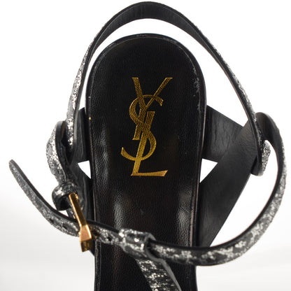 Saint Laurent Metallic Calfskin Leopard Print Tribute 105 Platform Sandals 39 Black Silver 8 of 9