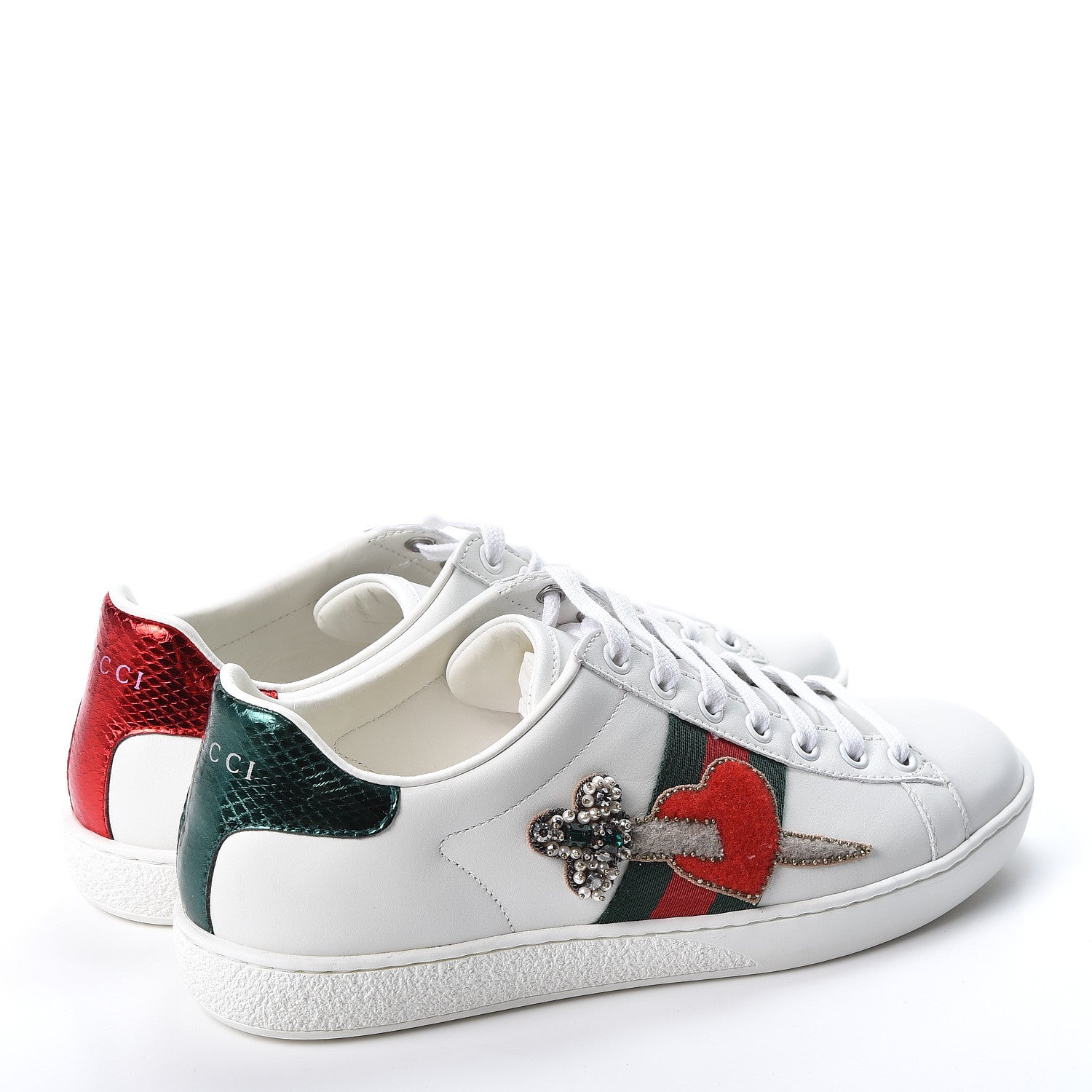 Gucci Calfskin Ayers Web Pierced Heart Embroidered New Ace Sneakers 36.5 White 4 of 9
