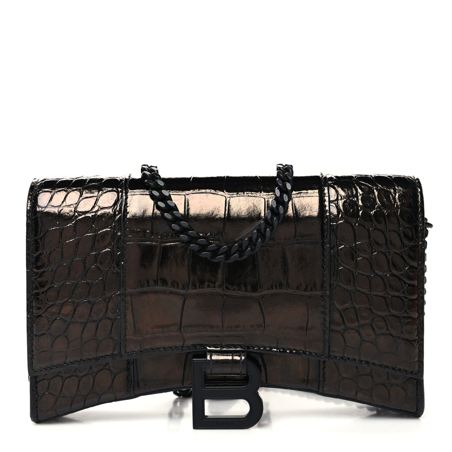 Shiny Calfskin Monochrome Crocodile Embossed Hourglass Chain Bag Black