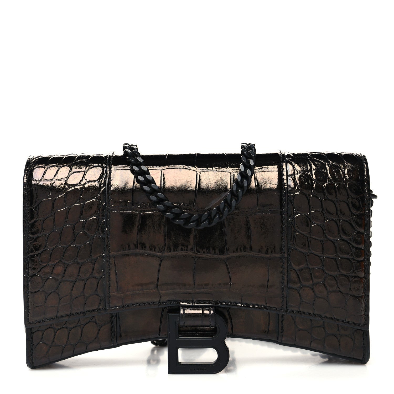 Balenciaga Shiny Calfskin Monochrome Crocodile Embossed Hourglass Chain Bag Black 1 of 11