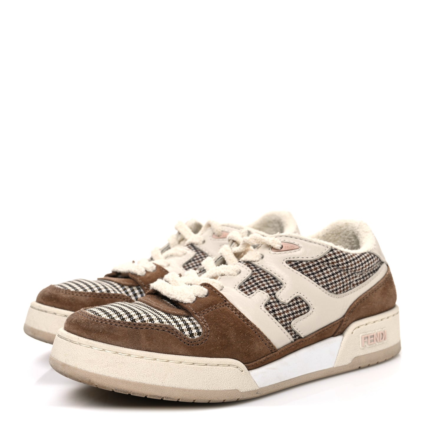 Calfskin Suede Houndstooth Fendi Match Low Top Sneakers 37 Cream Brown