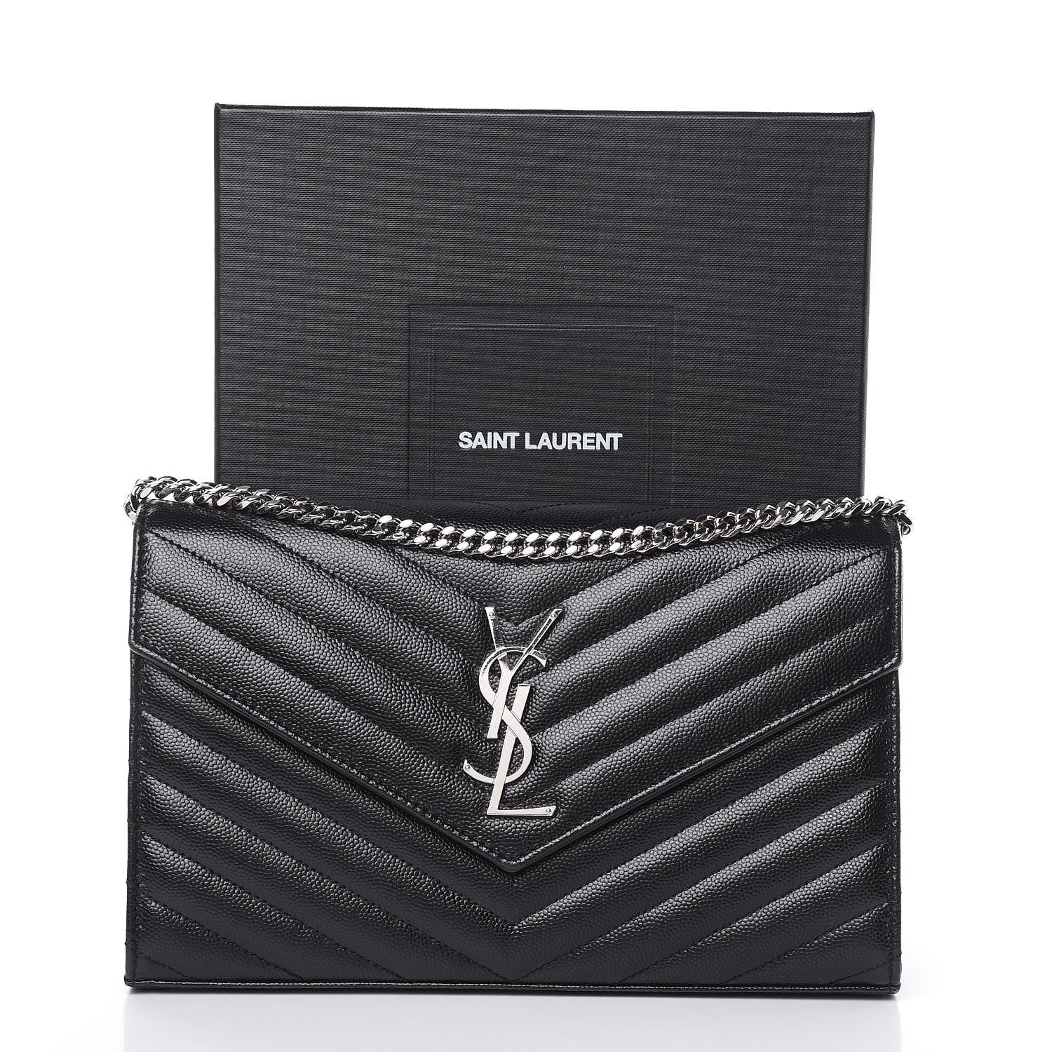 Saint Laurent Grain De Poudre Matelasse Chevron Monogram Chain Wallet Black 9 of 9