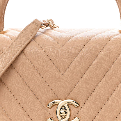 Chanel Caviar Chevron Quilted Medium Coco Handle Flap Beige 16 of 27