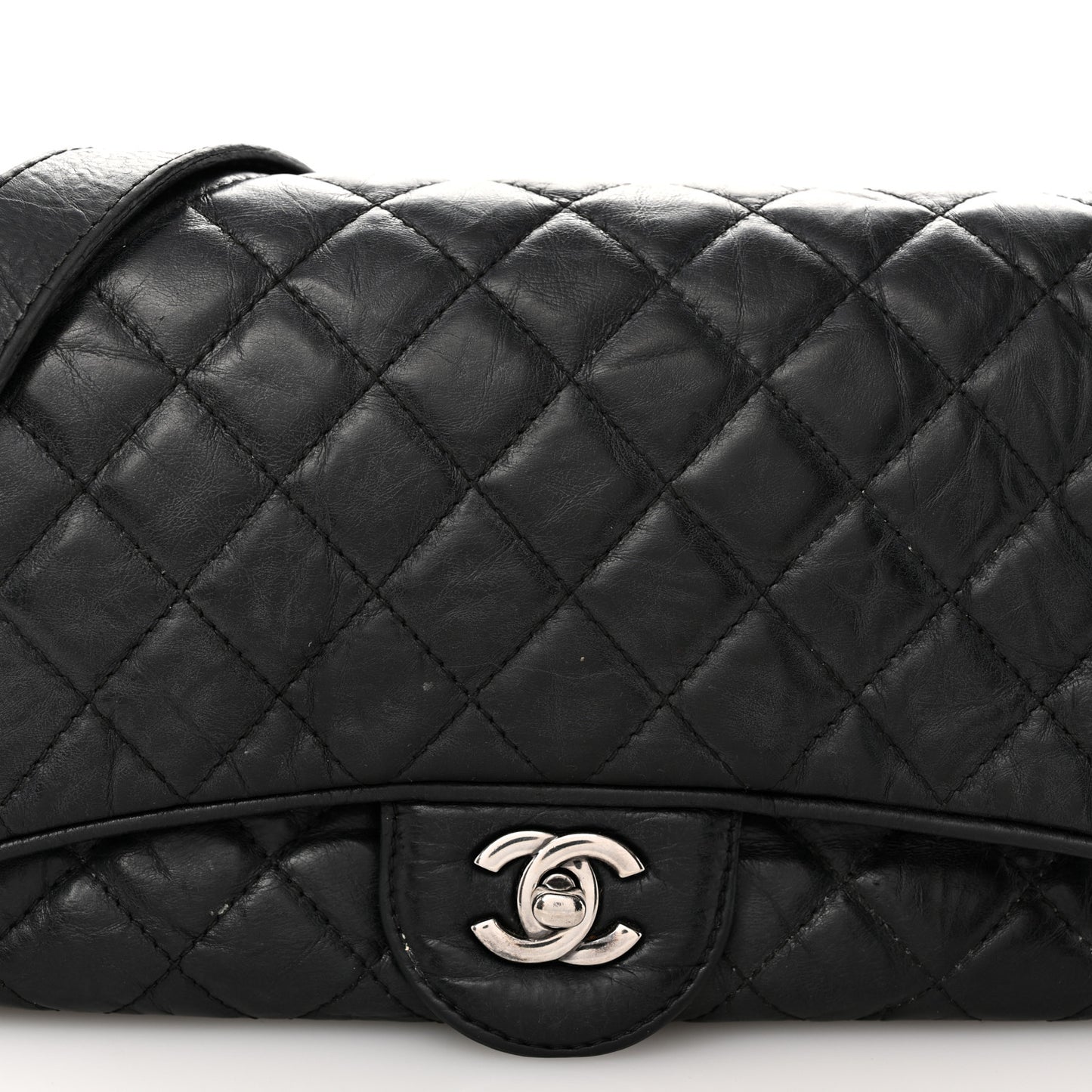 Crumpled Calfskin Quilted Medium Casual Rock Flap Black