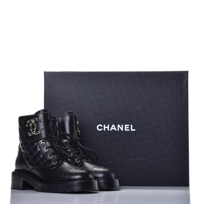 Chanel Shiny Lambskin Quilted Lace Up Combat Boots 36 Black 9 of 9