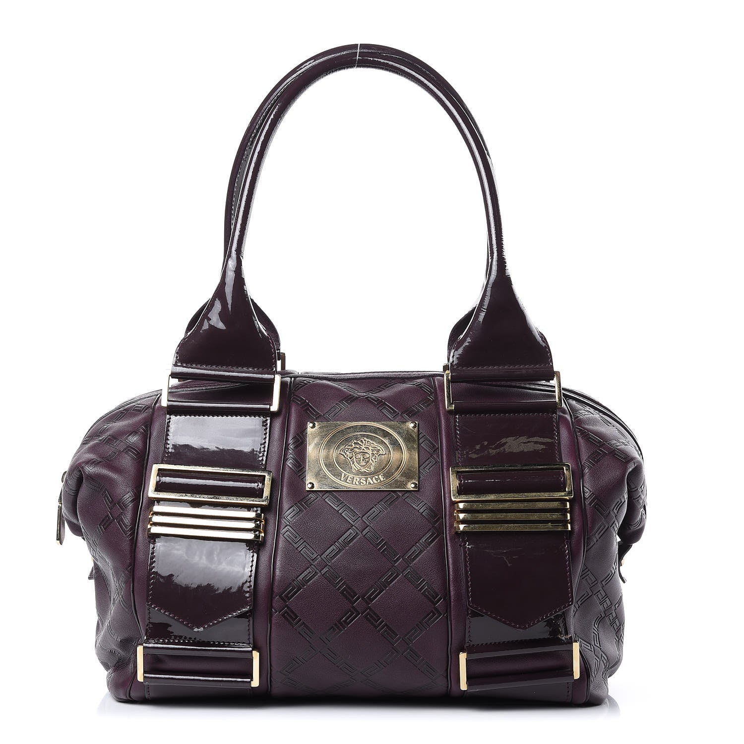 Versace Calfskin Greca Argyle Embossed Patent Medusa Bowler Satchel Purple 1 of 12