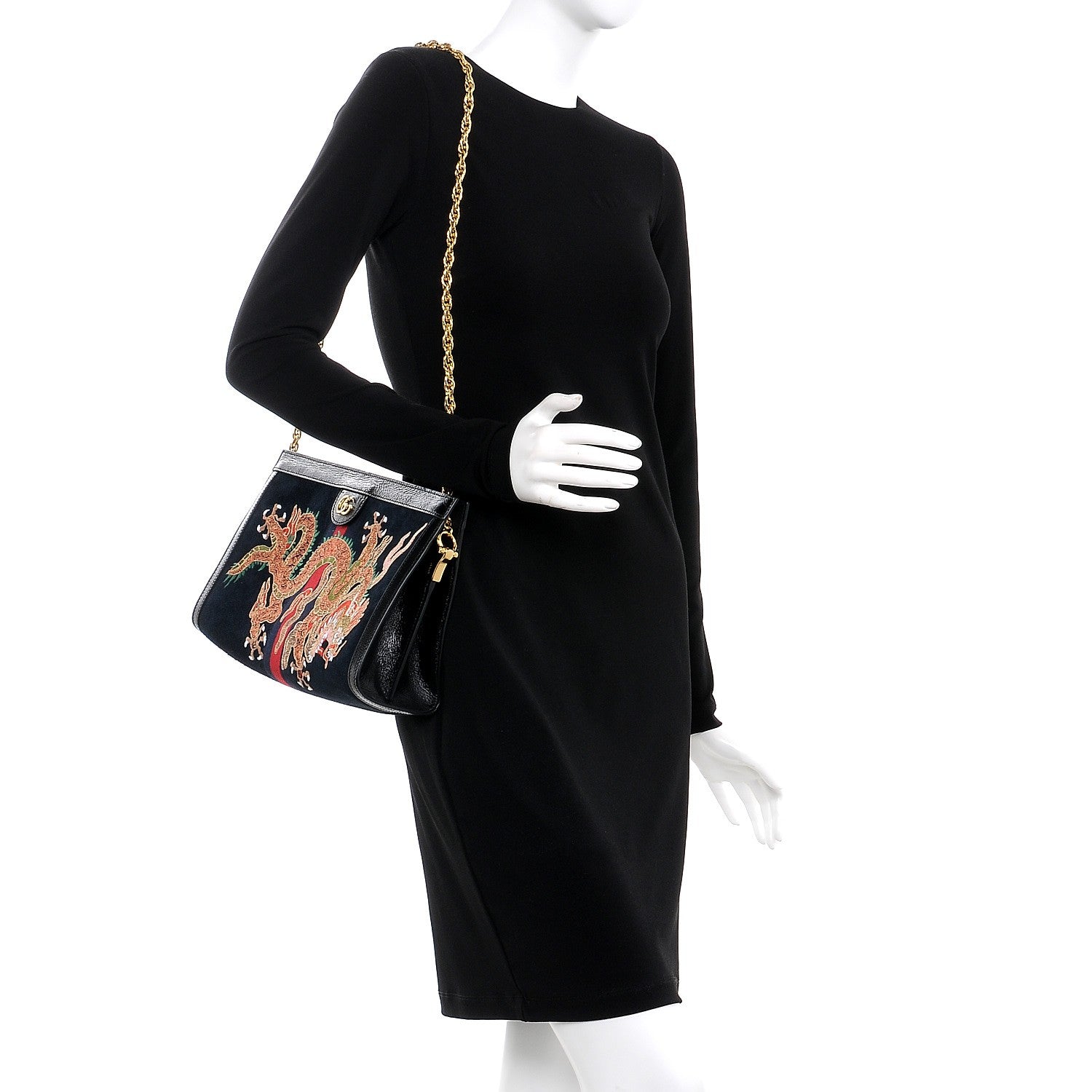 Gucci Suede Patent Web Dragon Embroidered Medium Ophidia Chain Shoulder Bag Blue Multicolor Black 2 of 7