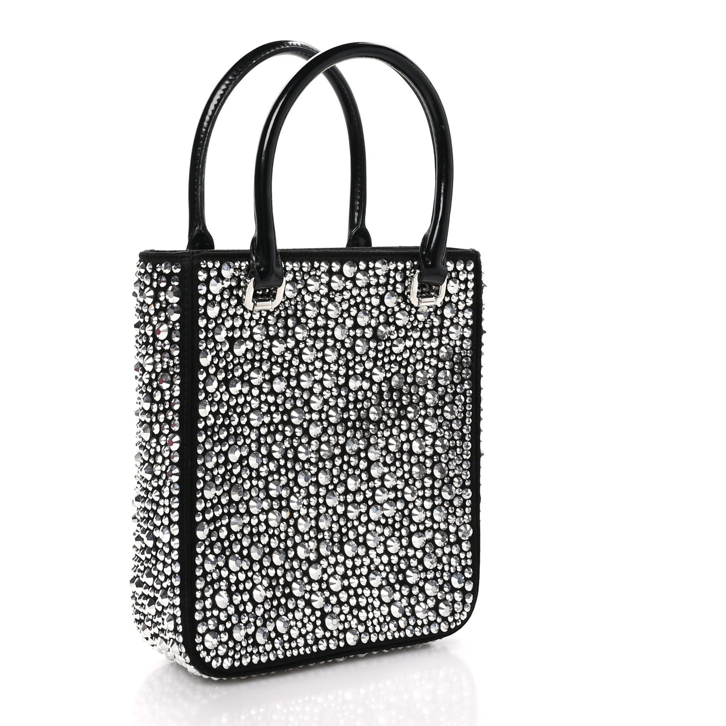 Satin Crystal Metal Triangle Logo Small Double Handle Crossbody Tote Metal