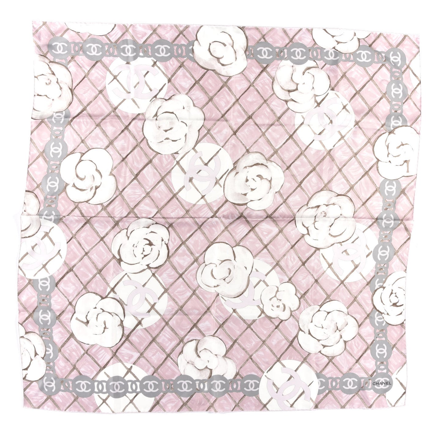 Silk CC Logo Camellia Scarf White Pink