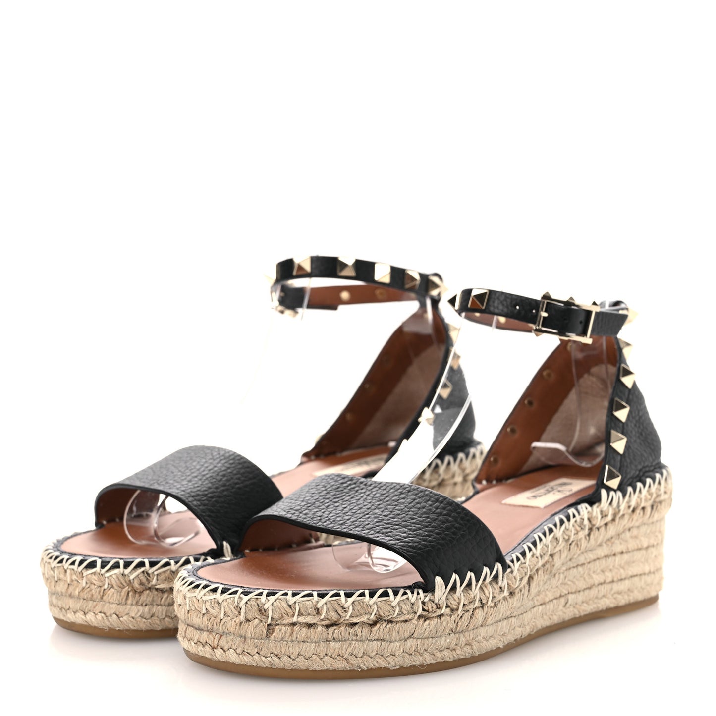 Grained Calfskin Rockstud Ankle Strap Espadrille 30/55mm Wedge Sandals 36 Black