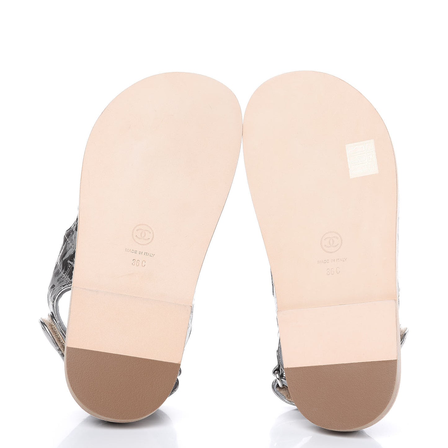 Metallic Crumpled Calfskin Chain CC Flat Sandals 36 Silver
