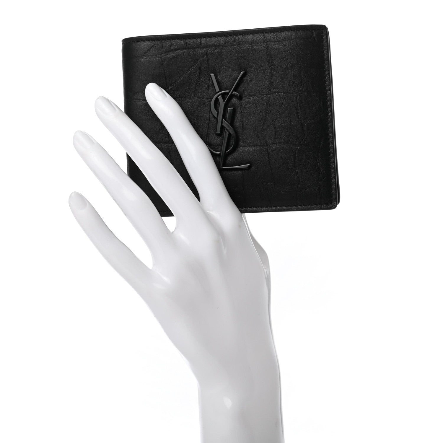 Saint Laurent Calfskin Crocodile Embossed Monogram Bifold Wallet Black 2 of 7