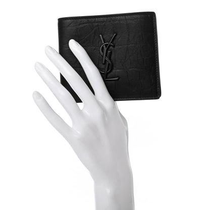 Saint Laurent Calfskin Crocodile Embossed Monogram Bifold Wallet Black 2 of 7