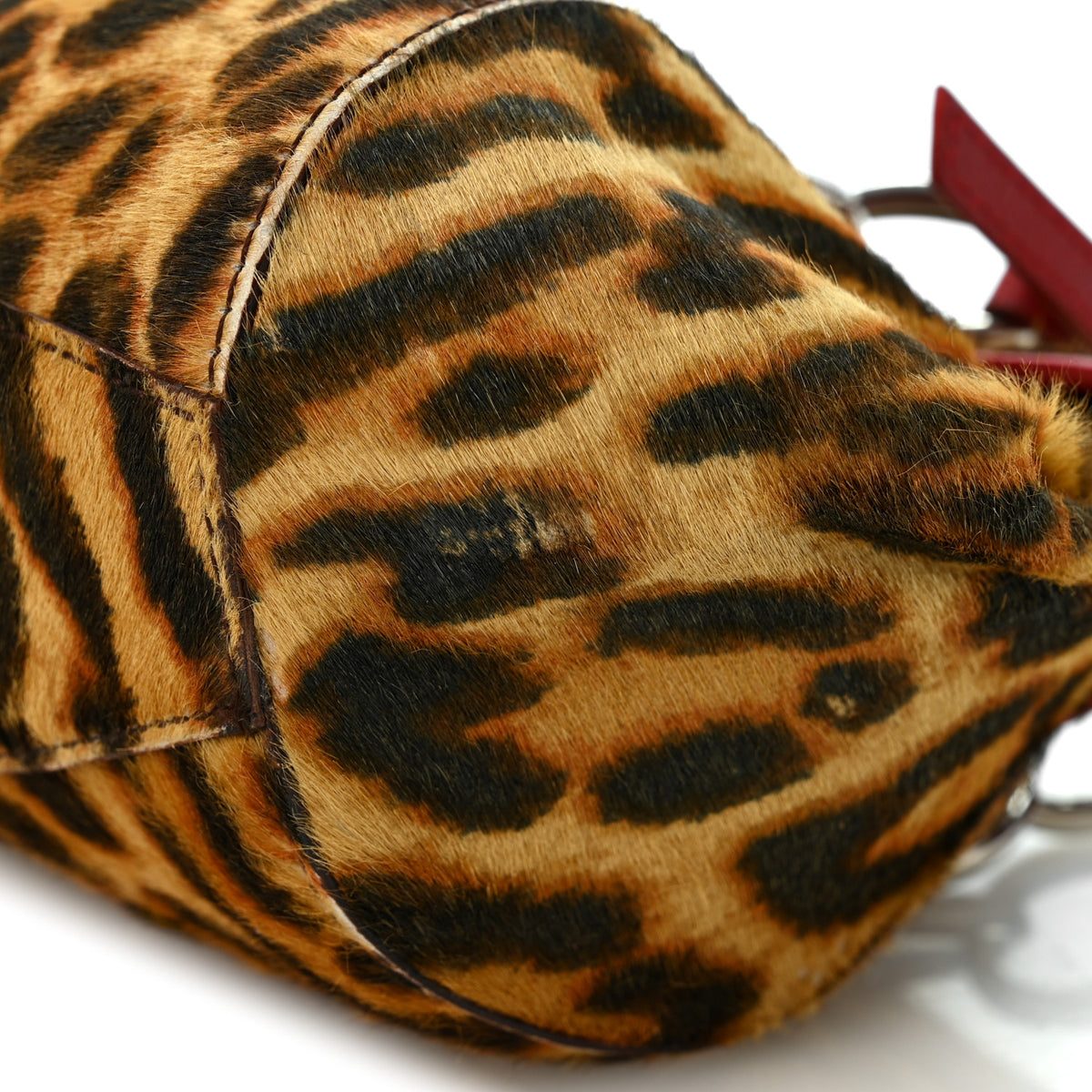 Pony Hair Leopard Print Diva Logo Shoulder Bag Red