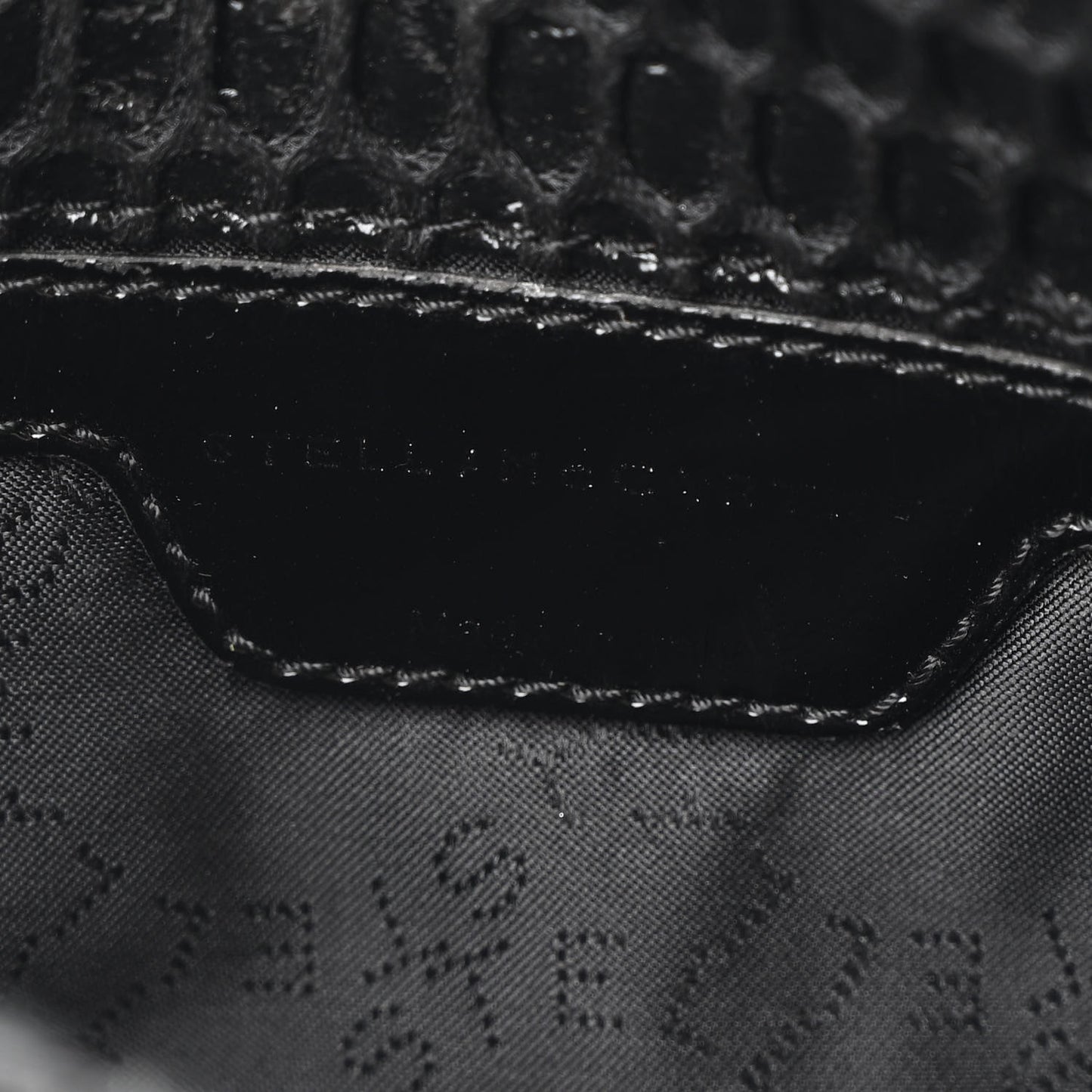 Patent Net Fold Over Falabella Clutch Black