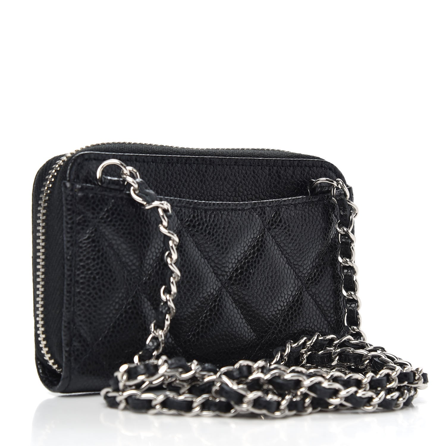 Chanel Caviar Quilted Zip Around Coin Purse Wallet On Chain Black 3 of 7