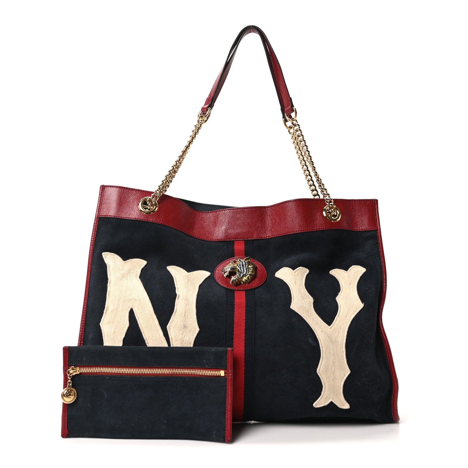 Gucci X MLB Suede Calfskin NY Yankees Large Rajah Chain Tote New