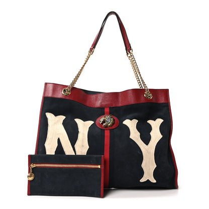Gucci X MLB Suede Calfskin NY Yankees Large Rajah Chain Tote New Blue Romantic Cherry 3 of 11