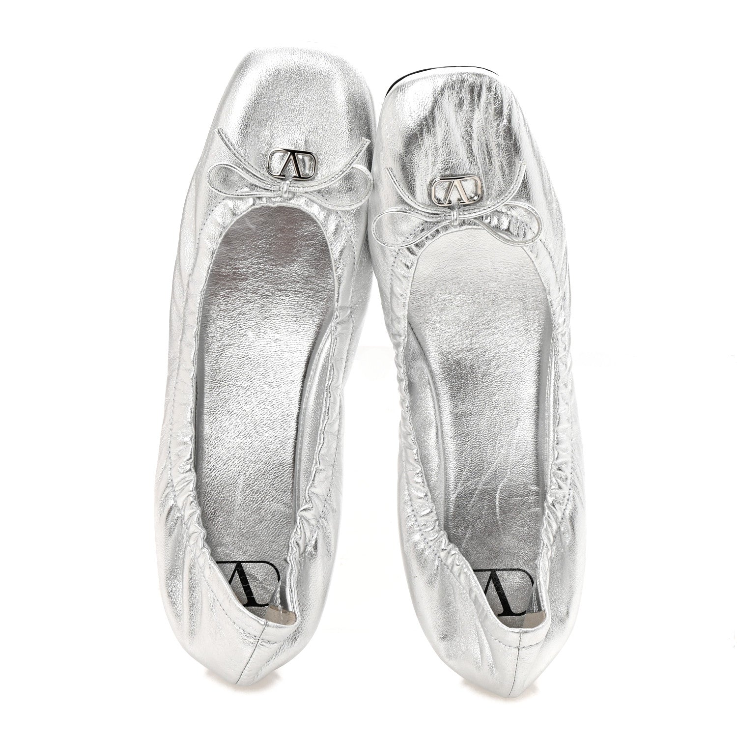 Valentino Garavani Metallic Calfskin Bow Ballerina Flats 38.5 Silver 2 of 10
