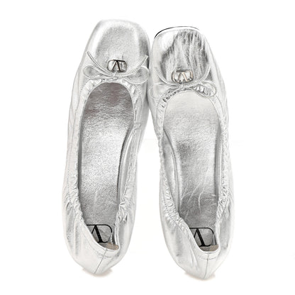 Valentino Garavani Metallic Calfskin Bow Ballerina Flats 38.5 Silver 2 of 10