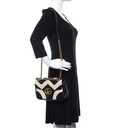 Gucci Calfskin Matelasse Small GG Marmont Shoulder Bag Black White 2 of 10