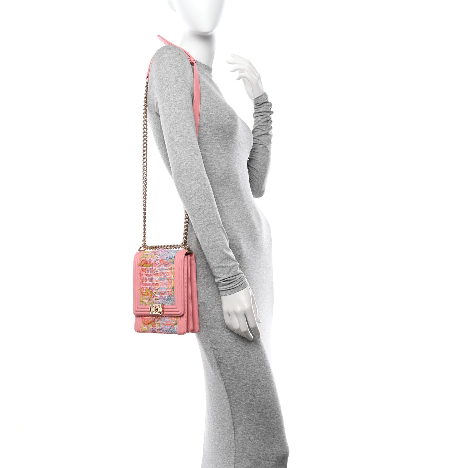Chanel Calfskin Tweed Quilted North South Boy Flap Pink 2 of 11
