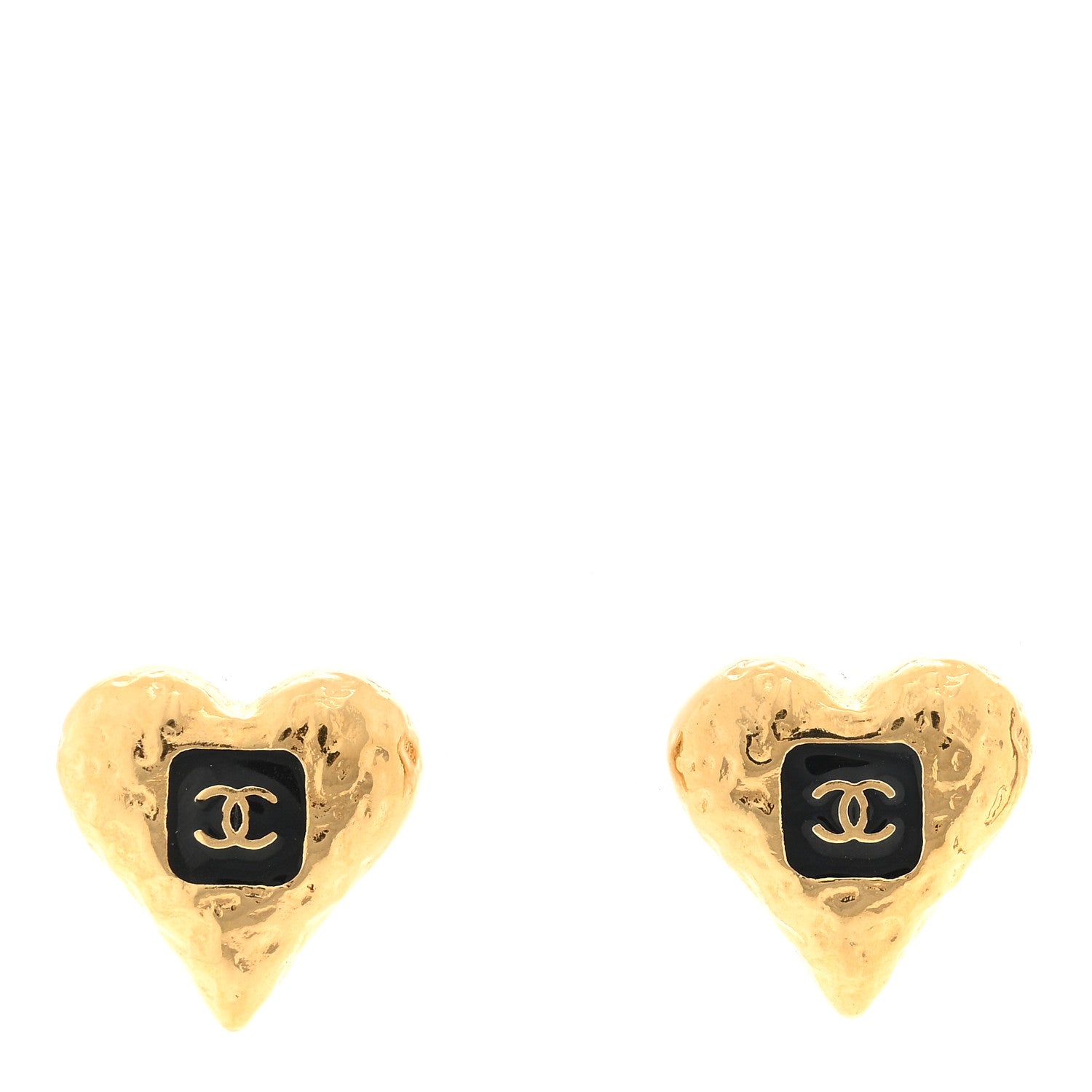 Chanel Metal Resin CC Heart Earrings Gold Black 1 of 5