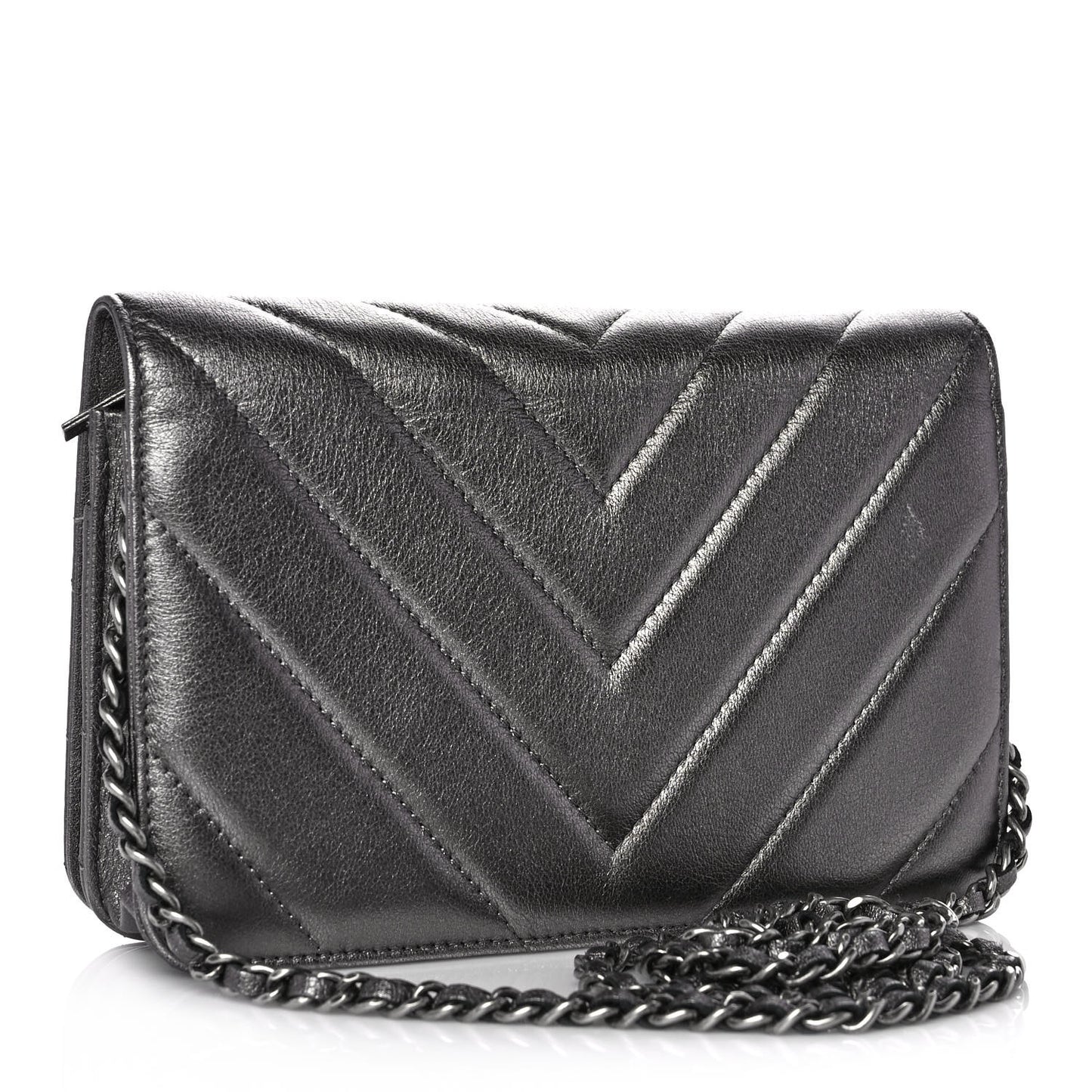 Metallic Calfskin Chevron Quilted Wallet On Chain WOC Dark Silver