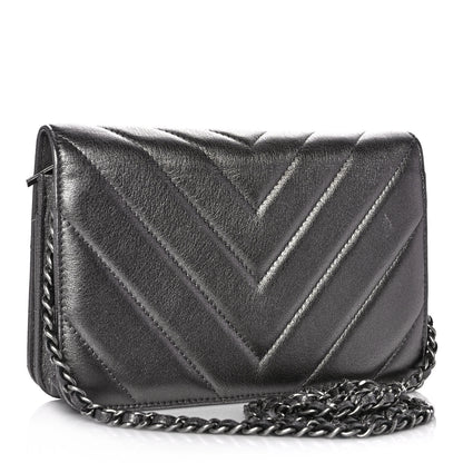 Chanel Metallic Calfskin Chevron Quilted Wallet On Chain WOC Dark Silver 3 of 11