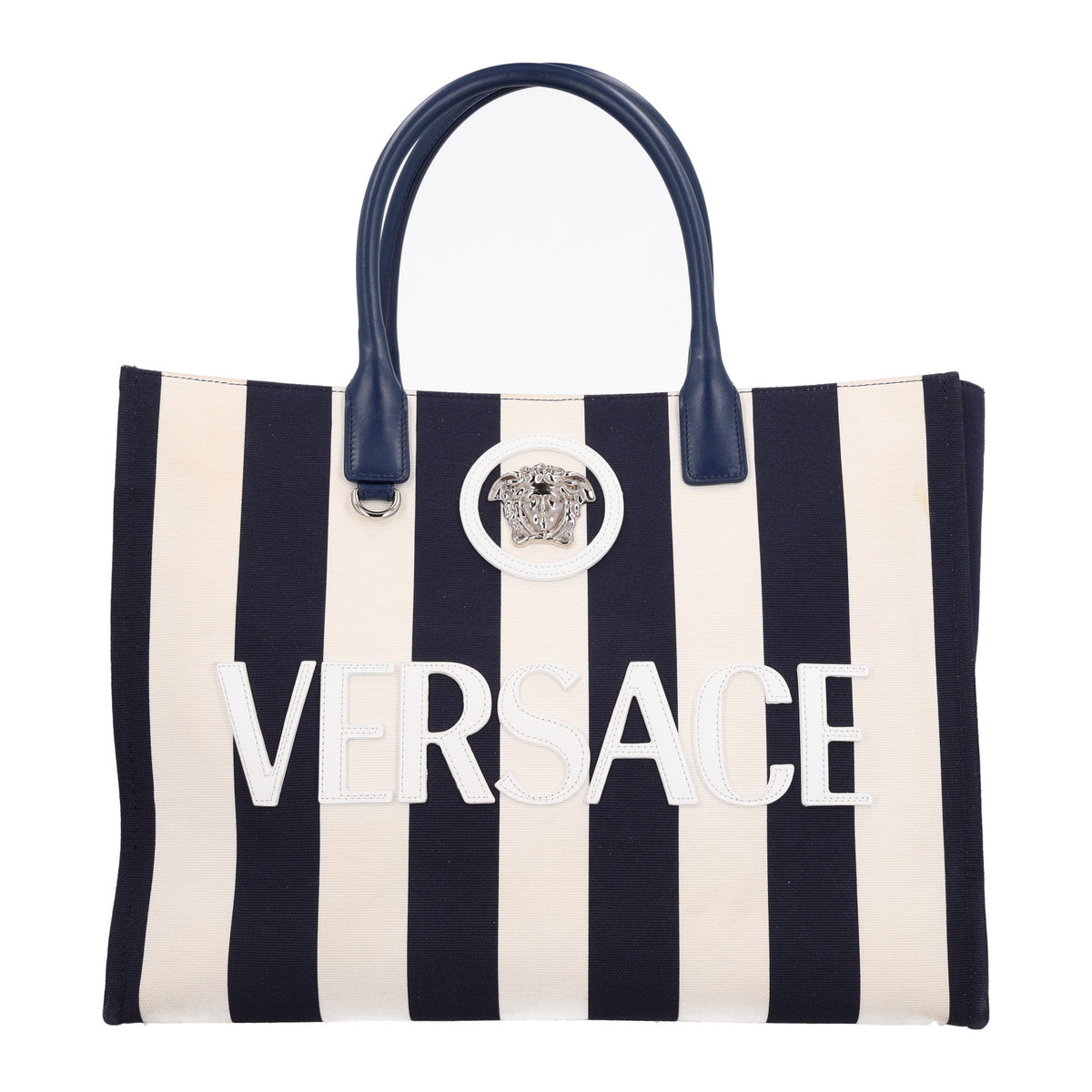 Versace Canvas Striped La Medusa Tote Bag  Navy Blue White 1 of 9