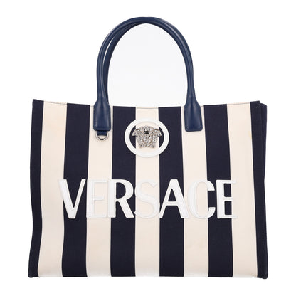 Versace Canvas Striped La Medusa Tote Bag  Navy Blue White 1 of 9