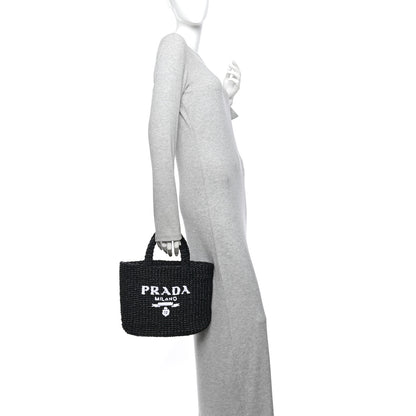 Prada Yarn Raffia Effect Crochet Small Logo Tote Black 2 of 9