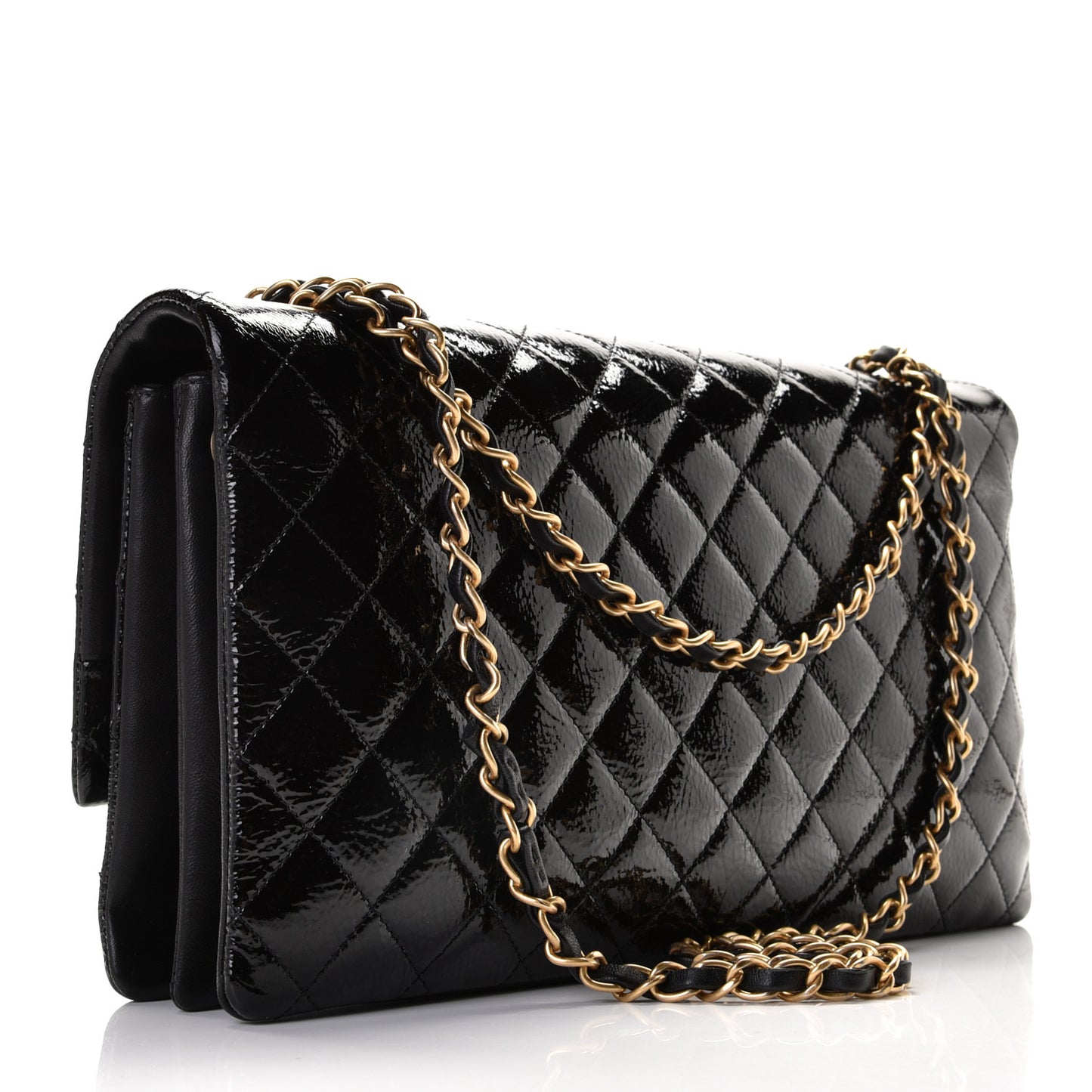 Patent Goatskin Quilted 3 Pocket Accordion Flap Black