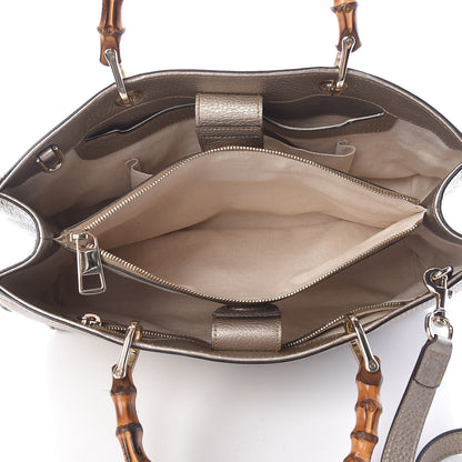 Gucci Metallic Pebbled Calfskin Medium Bamboo Shopper Tote Golden Beige 5 of 10