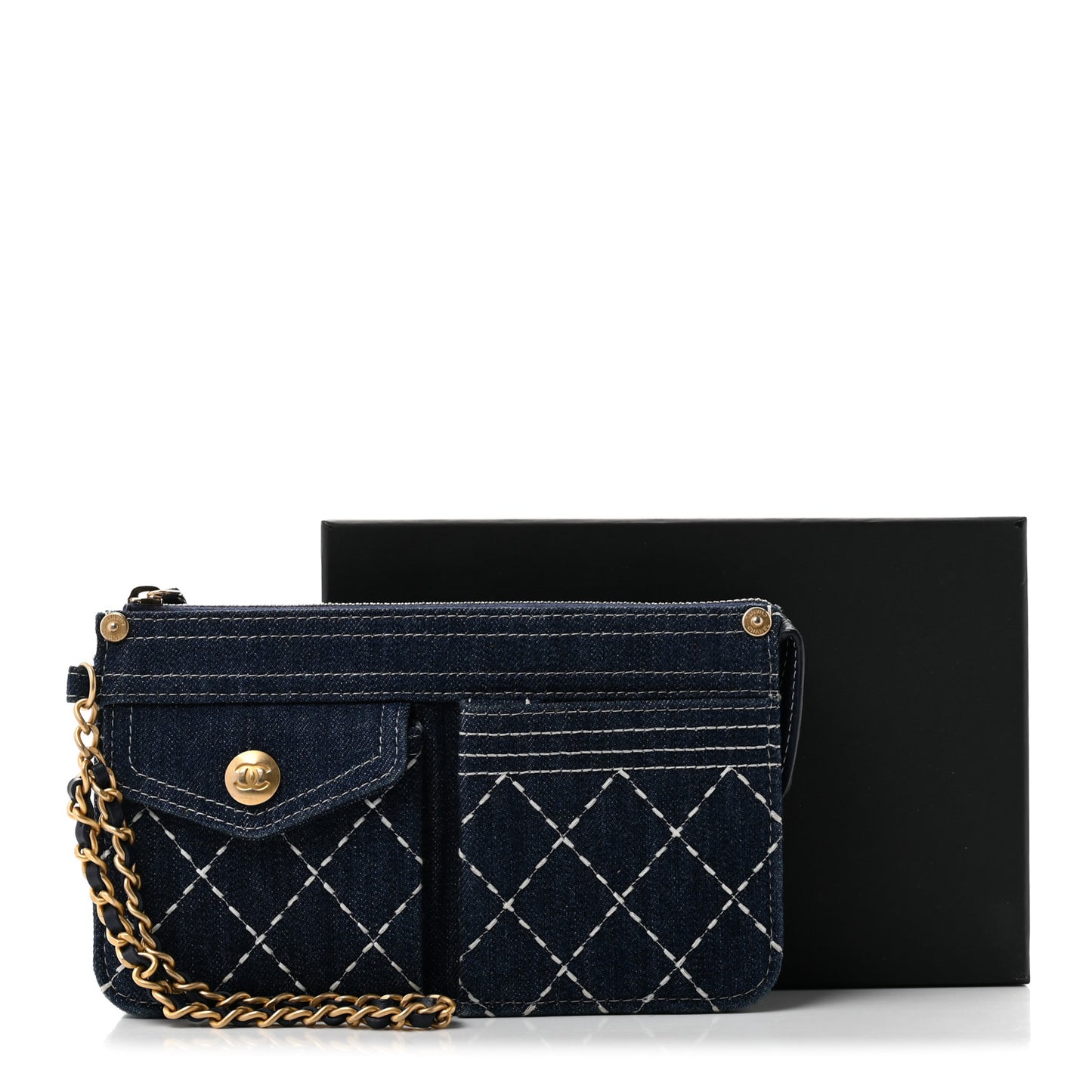 Denim Quilted Zipped Wristlet Clutch Blue