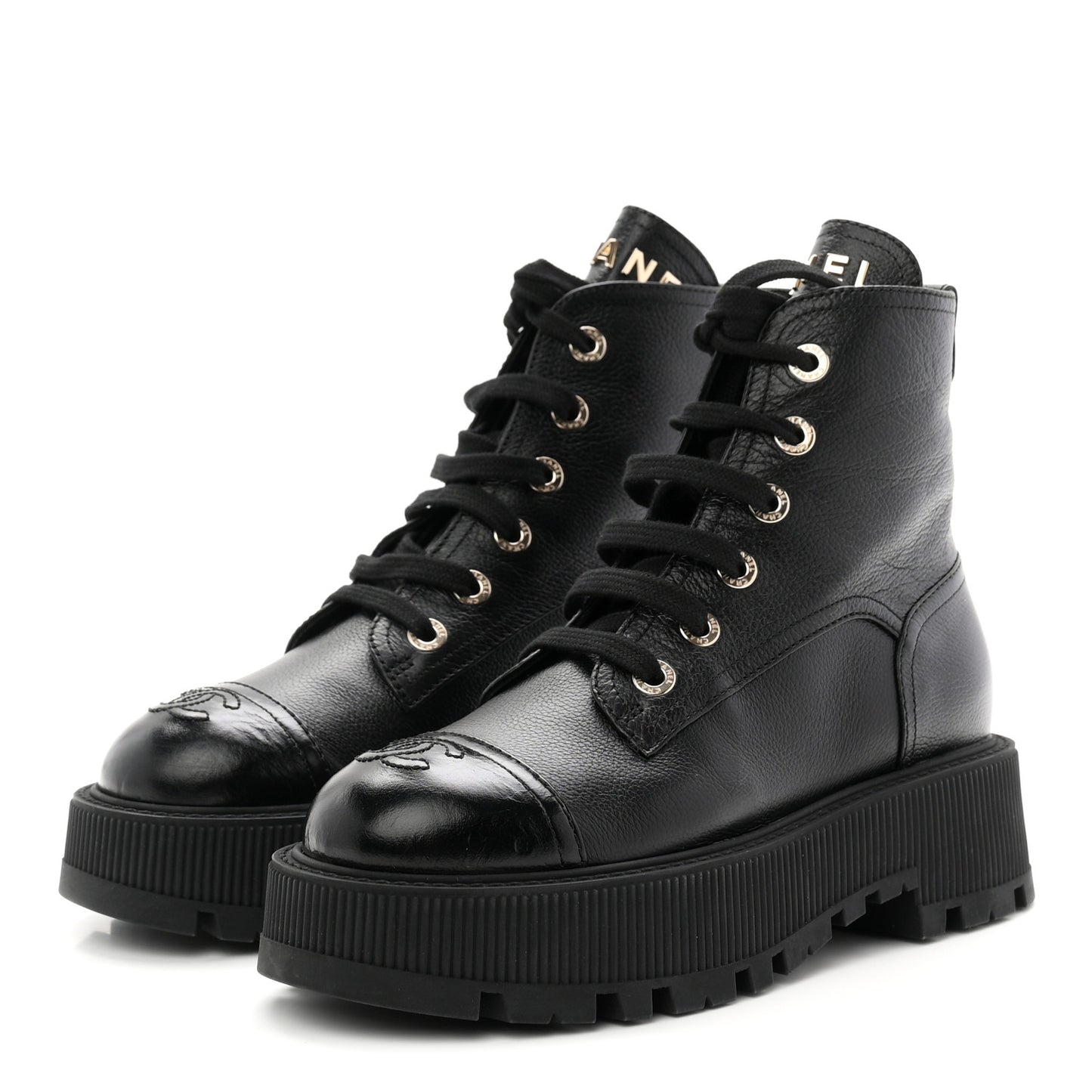 Grained Calfskin Shiny Calfskin CC Lace Up Combat Boots 36.5 Black