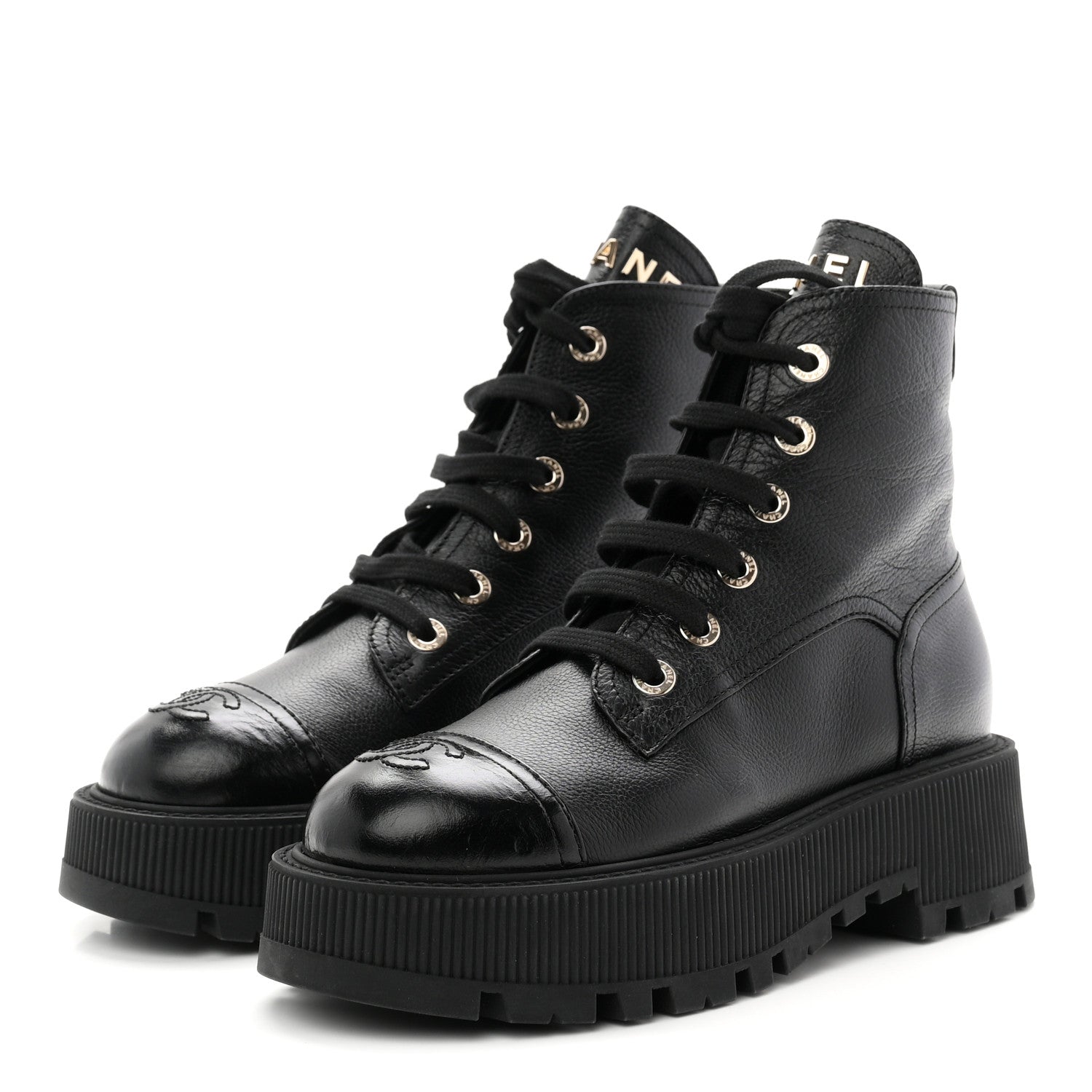 Chanel Grained Calfskin Shiny Calfskin CC Lace Up Combat Boots 36.5 Black 4 of 10