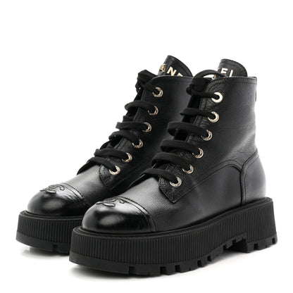 Chanel Grained Calfskin Shiny Calfskin CC Lace Up Combat Boots 36.5 Black 4 of 10