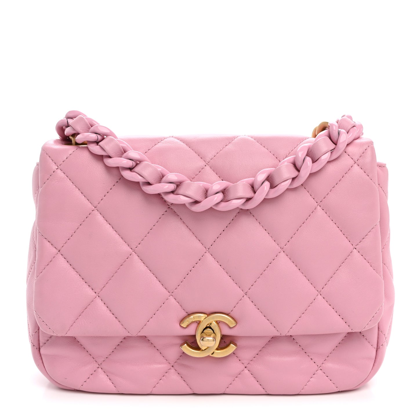 Lambskin Quilted Small Lacquered Chain Flap Pink