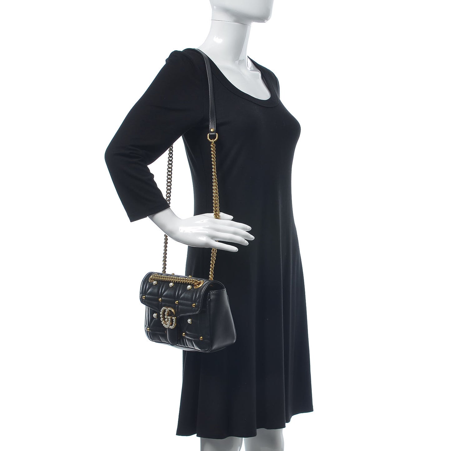 Calfskin Matelasse Studded Small Pearly GG Marmont Shoulder Bag Black