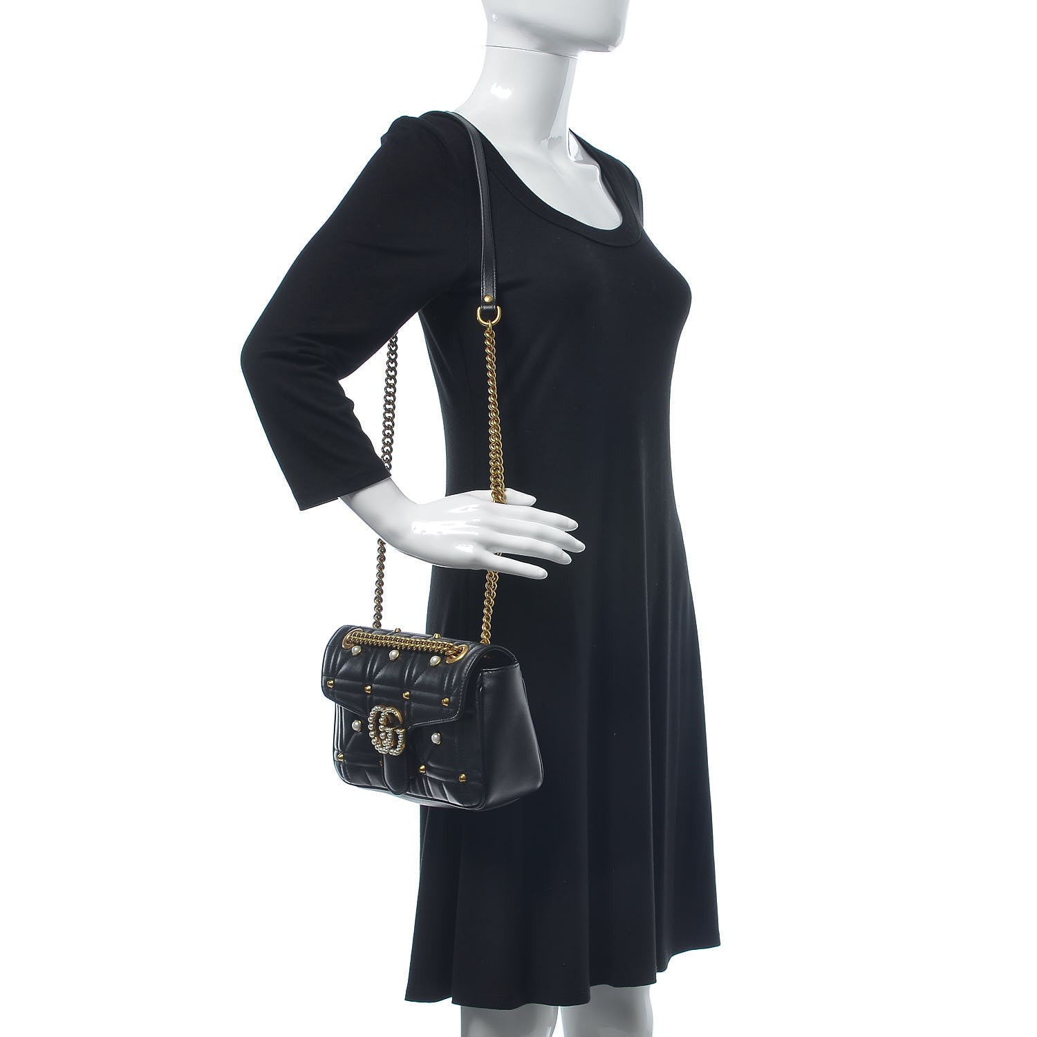 Gucci Calfskin Matelasse Studded Small Pearly GG Marmont Shoulder Bag Black 2 of 7