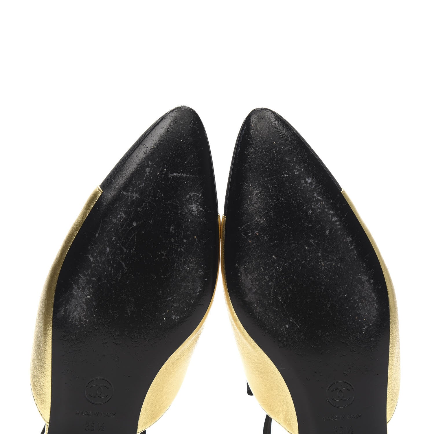 Chanel Laminated Lambskin Grosgrain Cap Toe Bow Flats 38.5 Gold Black 6 of 10