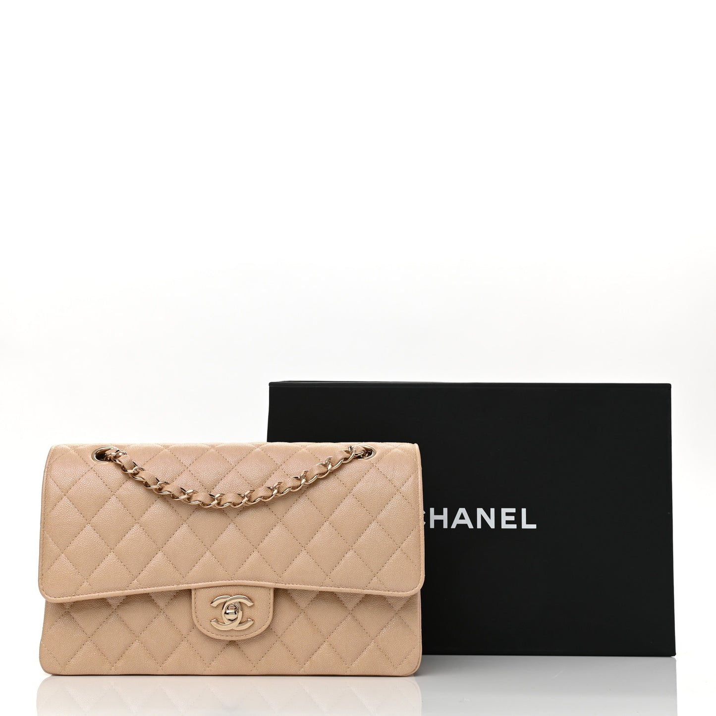 Iridescent Caviar Quilted Medium Double Flap Beige