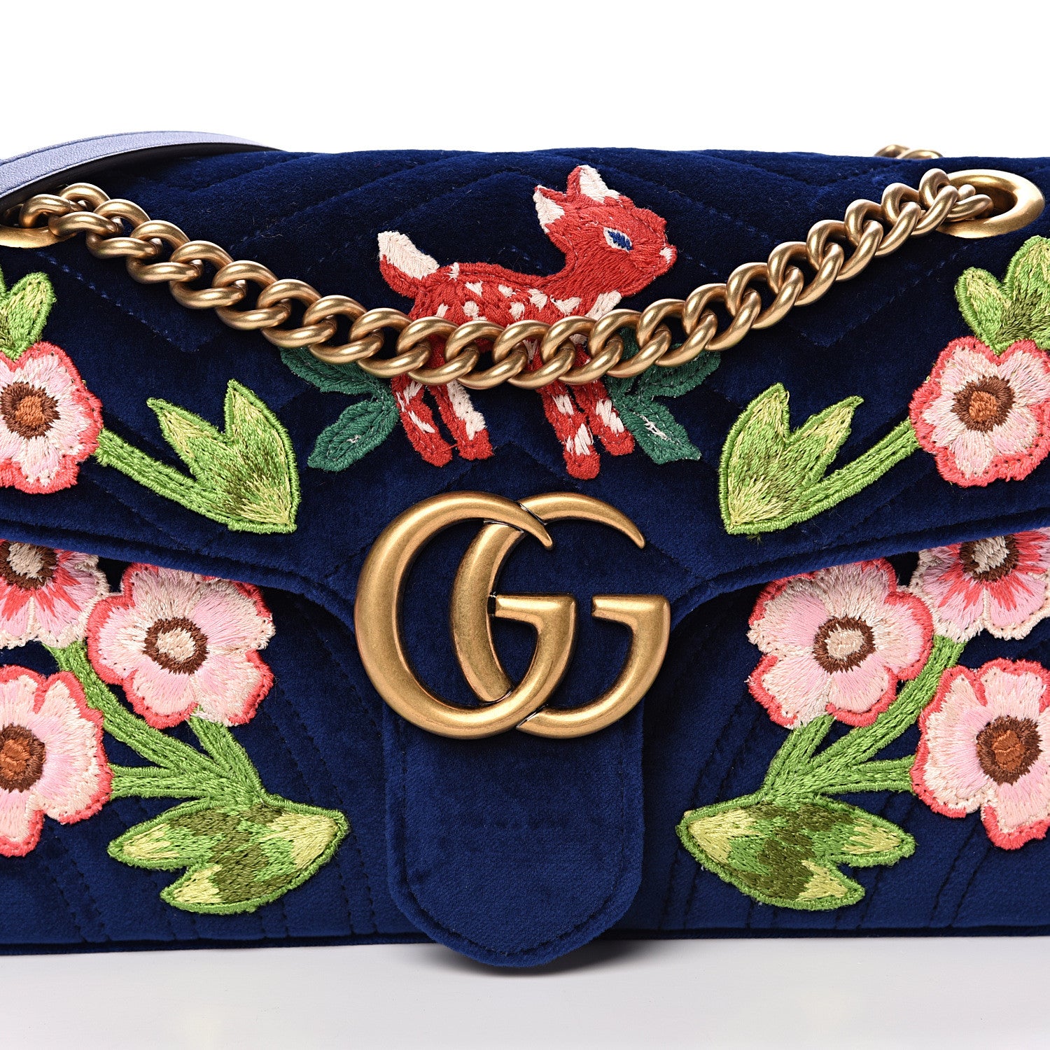 Gucci Velvet Matelasse Deer Embroidered Small GG Marmont Shoulder Bag Cobalt Blue 7 of 10