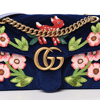 Gucci Velvet Matelasse Deer Embroidered Small GG Marmont Shoulder Bag Cobalt Blue 7 of 10