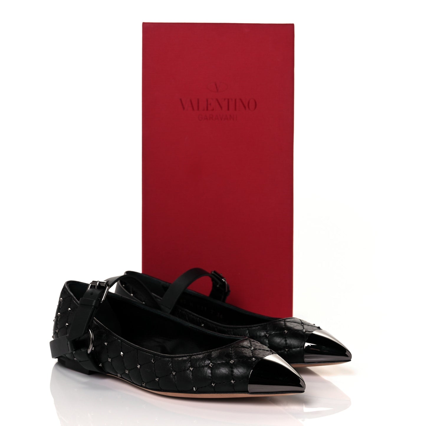 Crackled Lambskin Rockstud Spike Captoe Ballerina Flats 36 Black